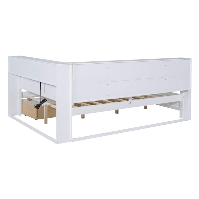 Wooden Full Size DayBed with 2 Drawers, Storage Shelf, and USB Charging Ports, White