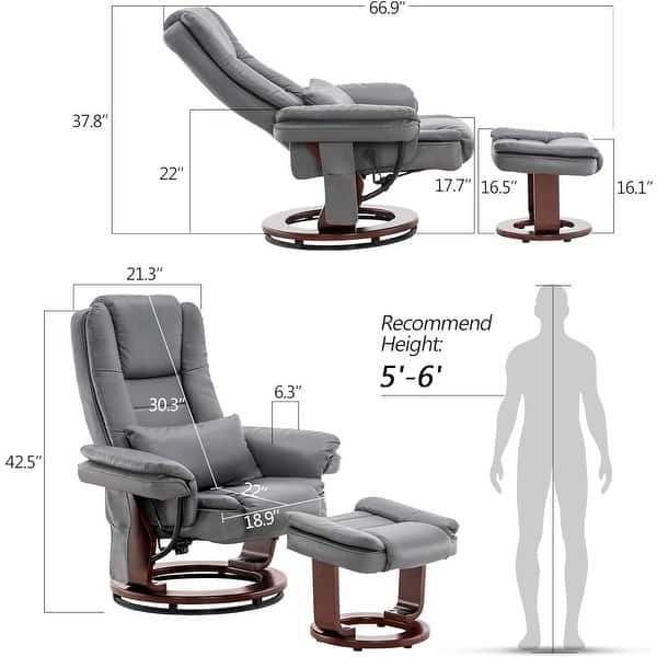 dimension image slide 2 of 6, MCombo Set of 2 Swivel Recliner with Ottoman, Vibration Massage Lumbar Pillow
