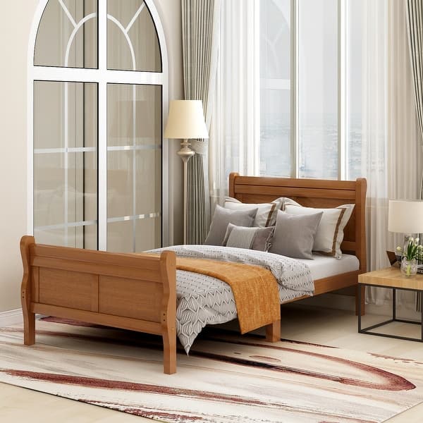 slide 2 of 30, Twin Size Solid Wood Platform Bed Sleigh Bed with Headboard & Footboard Oak