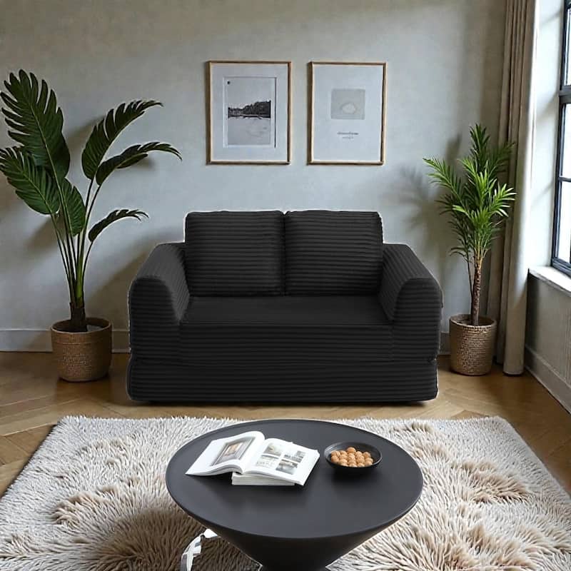 2 in 1 Folding Sofa Bed Loveseat, Corduroy Convertible Sleeper Couch with Pillows, Boneless Floor Futon - Black