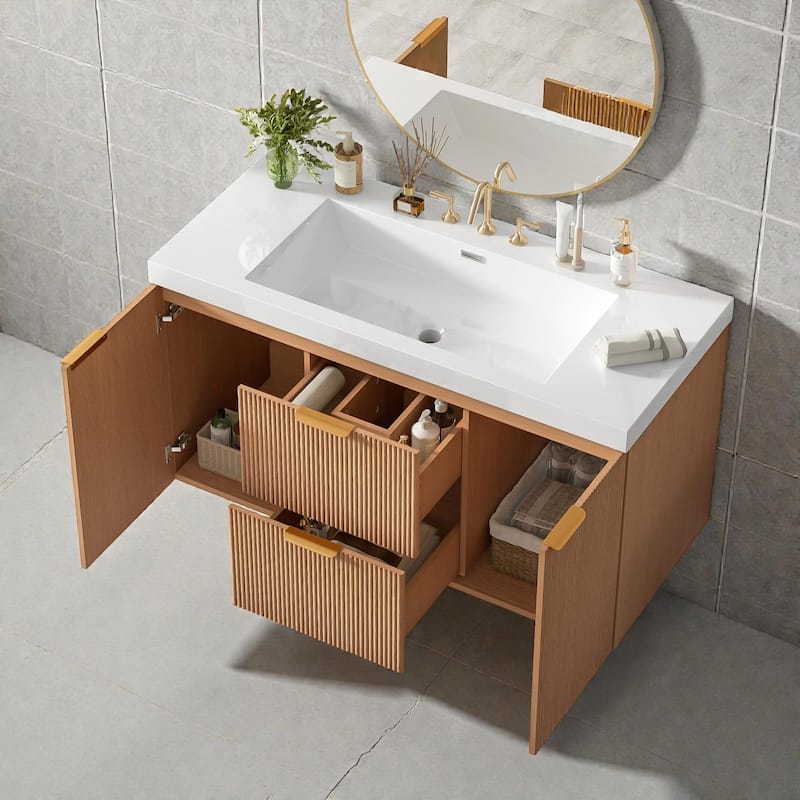 42" Wall-Mounted Single Sink Bathroom Vanity with SMC Top, MDF Cabinet with Solid Wood Frame, U-Shaped Drawers