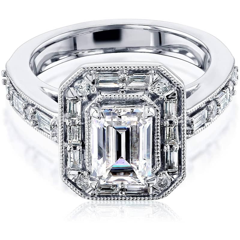 Annello by Kobelli 10K Gold Forever One Moissanite The Daisy Art Deco Emerald Engagement Ring (DEF/VS, HI/I, HI/I) - 6.5 - White