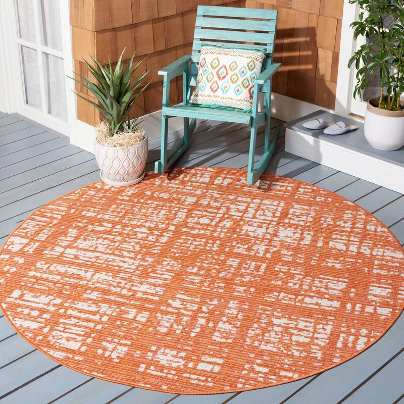 SAFAVIEH Courtyard Rufine Crosshatch Indoor/ Outdoor Waterproof Rug - 6'7" Round - Orange/Ivory