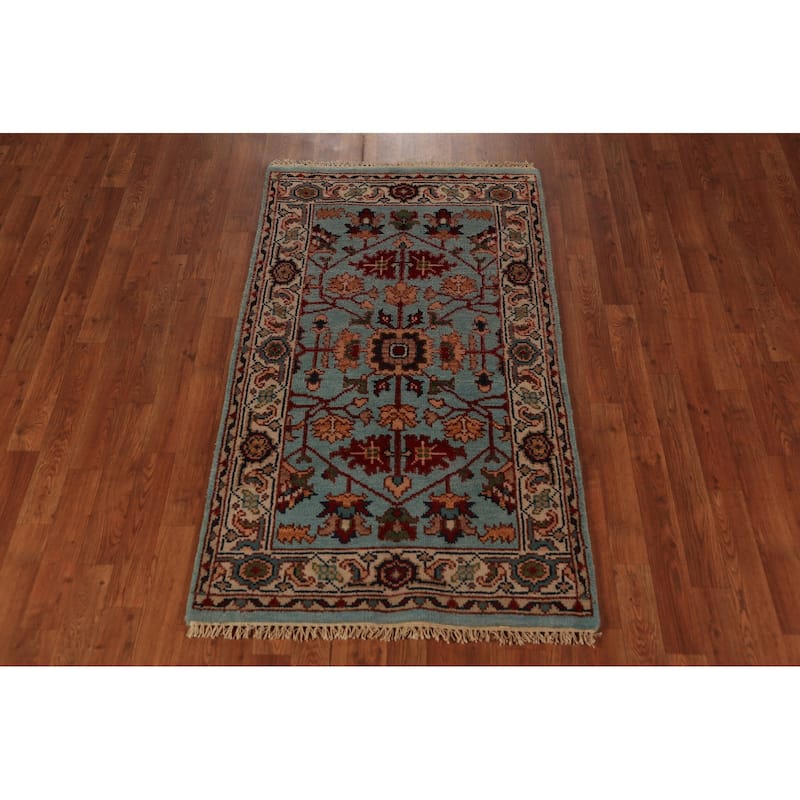 Light Blue Floral Oushak Indian Foyer Rug Handmade Wool Carpet - 2'11"x 5'1"