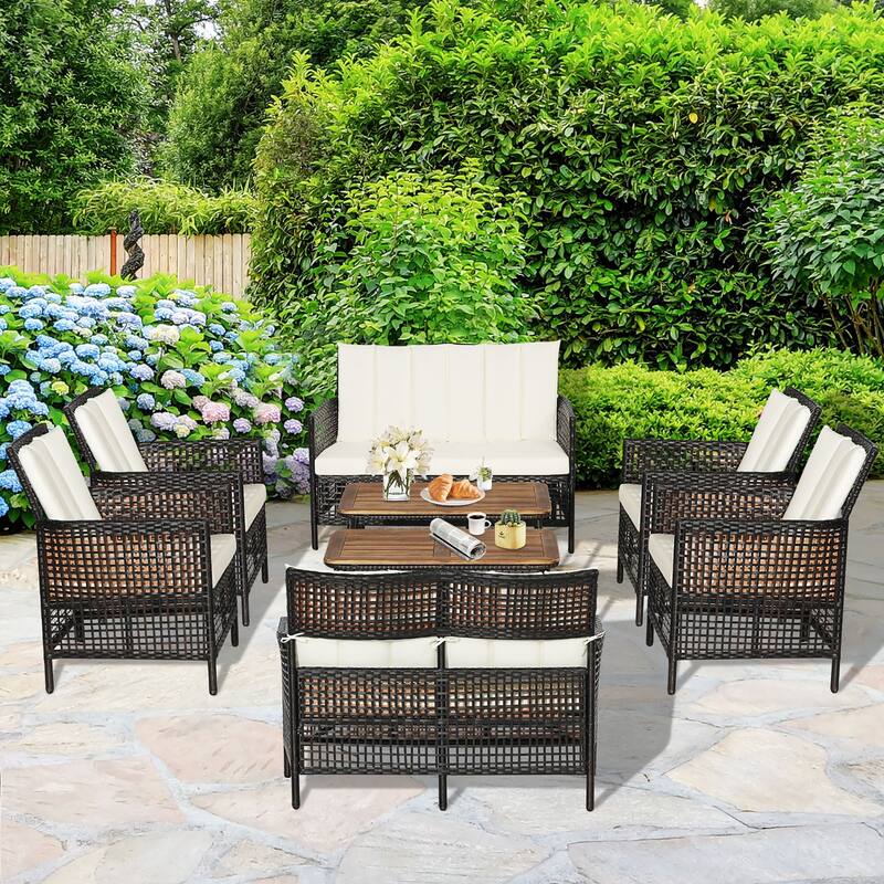 Costway 8PCS Patio Rattan Furniture Set Cushioned Chairs Wood Table - See Details - Off-White - See Details