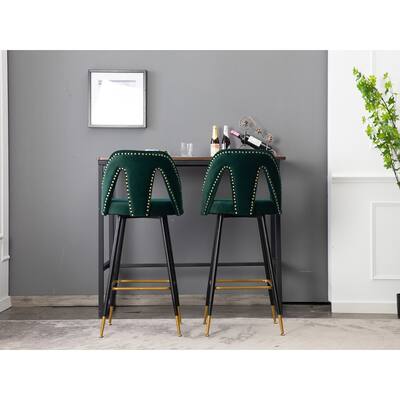 Velvet Upholstered Bar Stool Counter Stools with Metal Legs (Set of 2), Green