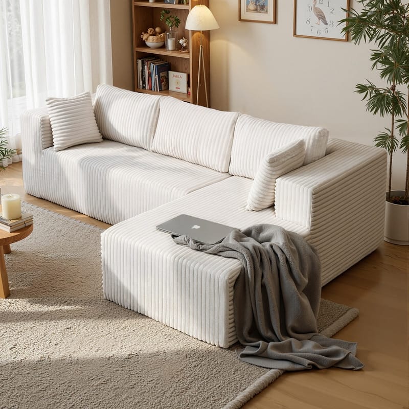 Modular Plush Sofa, All-Foam No Springs, Space-Saving for Living Room - Beige-Left Chaise