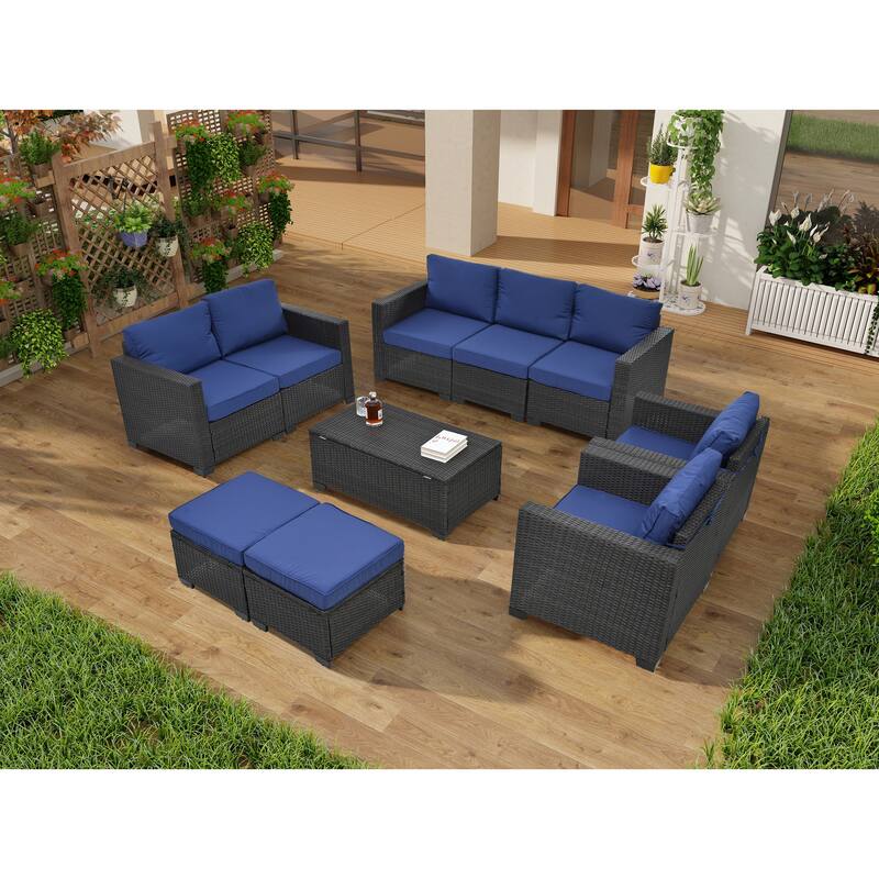 10-Piece Outdoor Rattan Sectional Sofa Set with Storage Table & Cushions - Dark Blue
