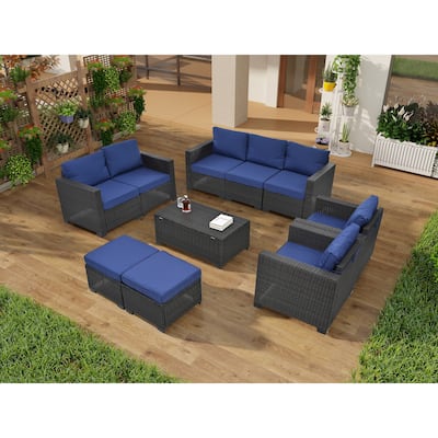 10-Piece Outdoor Rattan Sectional Sofa Set with Storage Table & Cushions