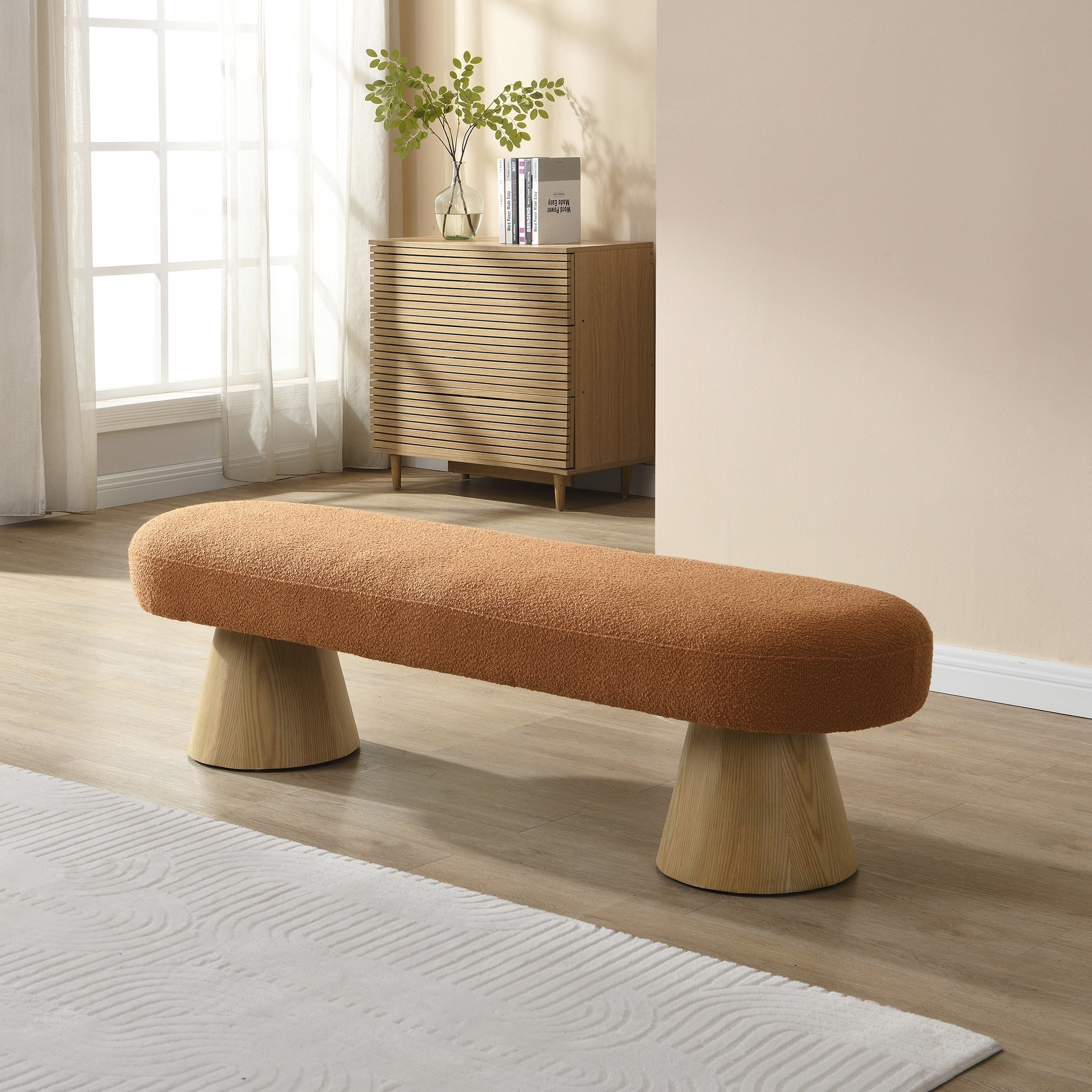 Upholstered Bedroom End of Bed Entryway Bench, Boucle Ottoman for Living Room