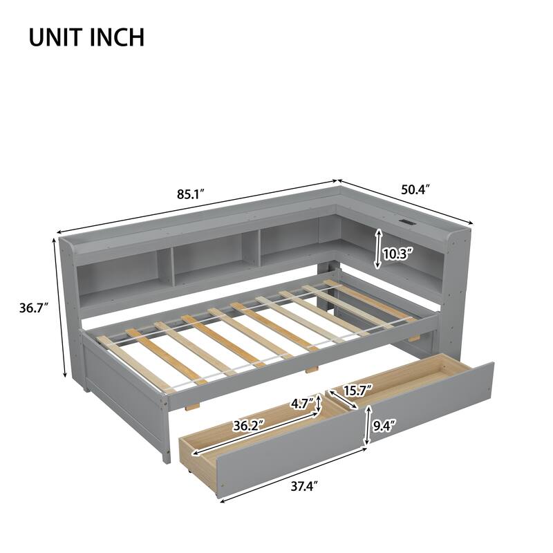 Wooden Platform Sofa Bed Frame with L Shaped Bookcase and Charging Station, Living Room Corner Daybed with 2 Storage Drawers