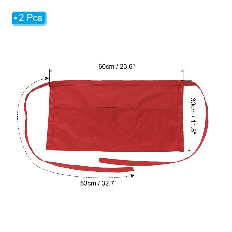 Waist Apron, 2 Pack Waitress Short Apron with 3 Pockets - 30 x 60cm - Red
