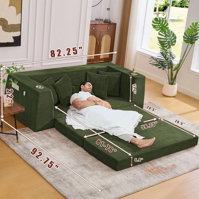 2 in 1 Convertible Sofa Bed, Sleeper Sofa with Storage Pockets, Pull Out Loveseat Couch with Two Cup Holders