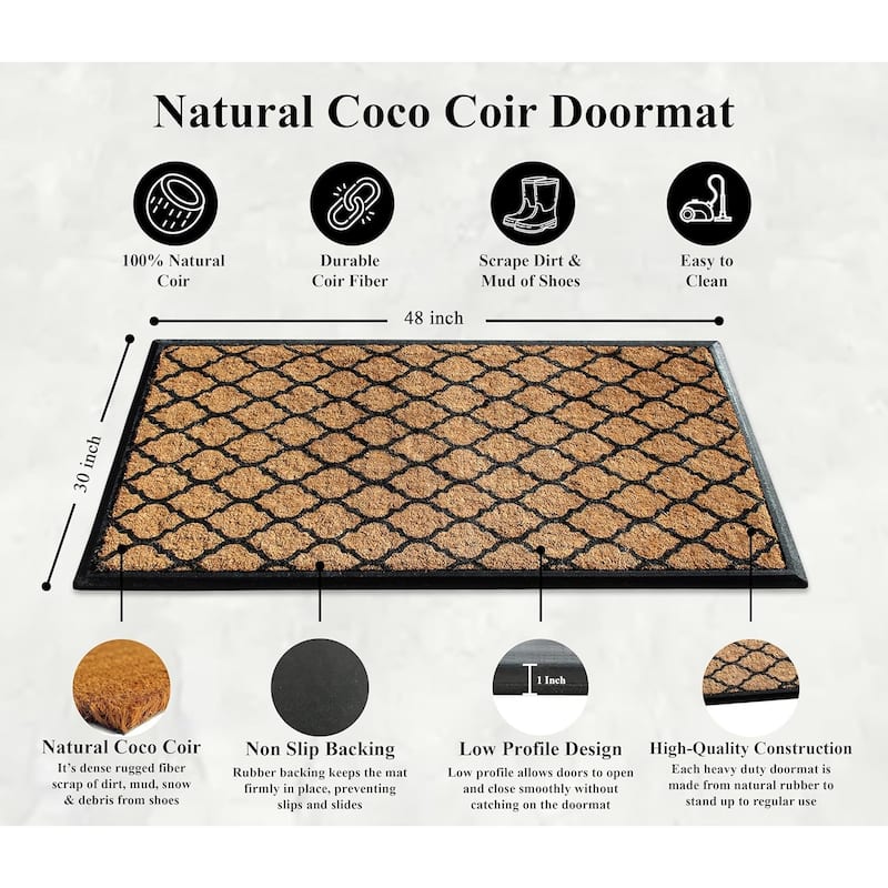 A1HC Orgee Pattern Rubber and Coir Large Heavy-Duty Outdoor Durable Doormat, 30"X48", Black - 30" X 48"