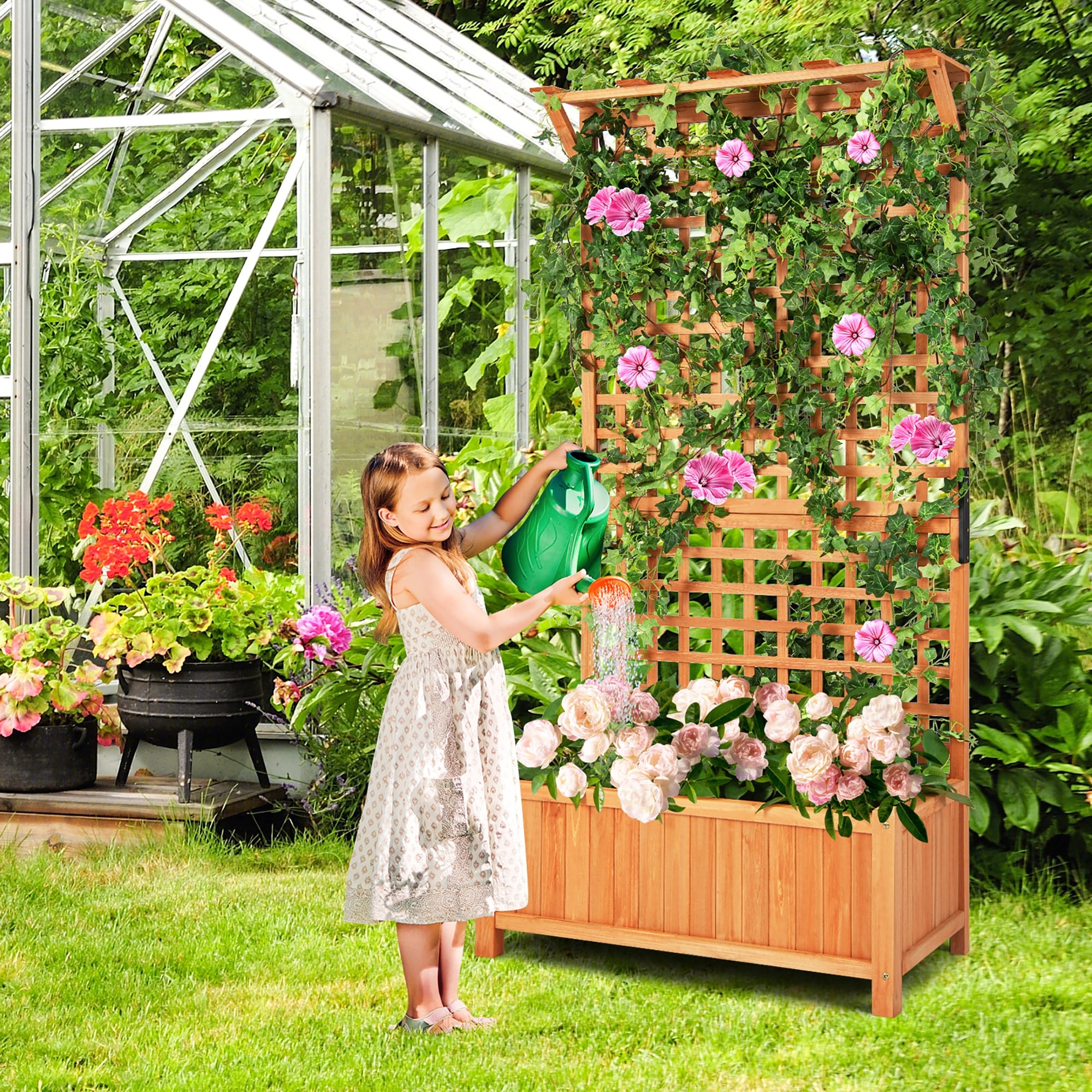 Costway Raised Garden Bed Planter Box Climbing Plants Container w/Trellis \u0026Hanging Roof, image size:2000x2000
