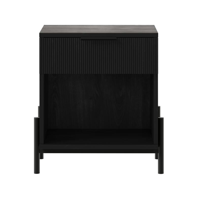 Fluted-Drawer Modern Nightstand with Open Cubby and Metal Legs - Black