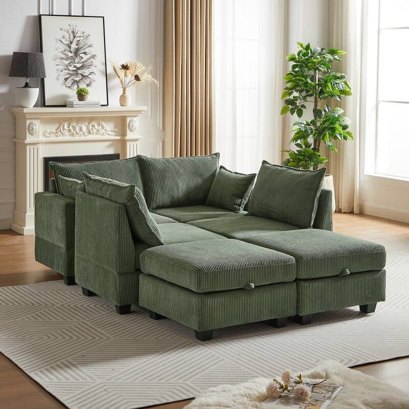 113.5'' Modern U-shaped Corduroy Modular Convertible Sectional Sofa with Storage Ottoman
