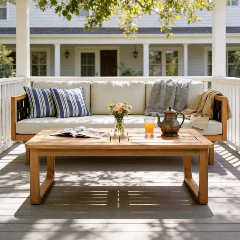 Christopher Knight Home Solenne Acacia Wood 3 Seater Daybed and Coffee Table with Cushion