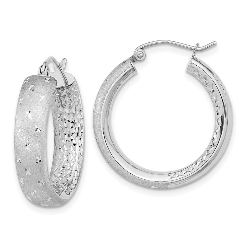 Curata 14k White Gold Satin and Diamond Cut In Out Hoop Earrings 26x5.75mm