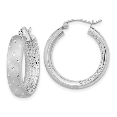 Curata 14k White Gold Satin and Diamond Cut In Out Hoop Earrings 26x5.75mm