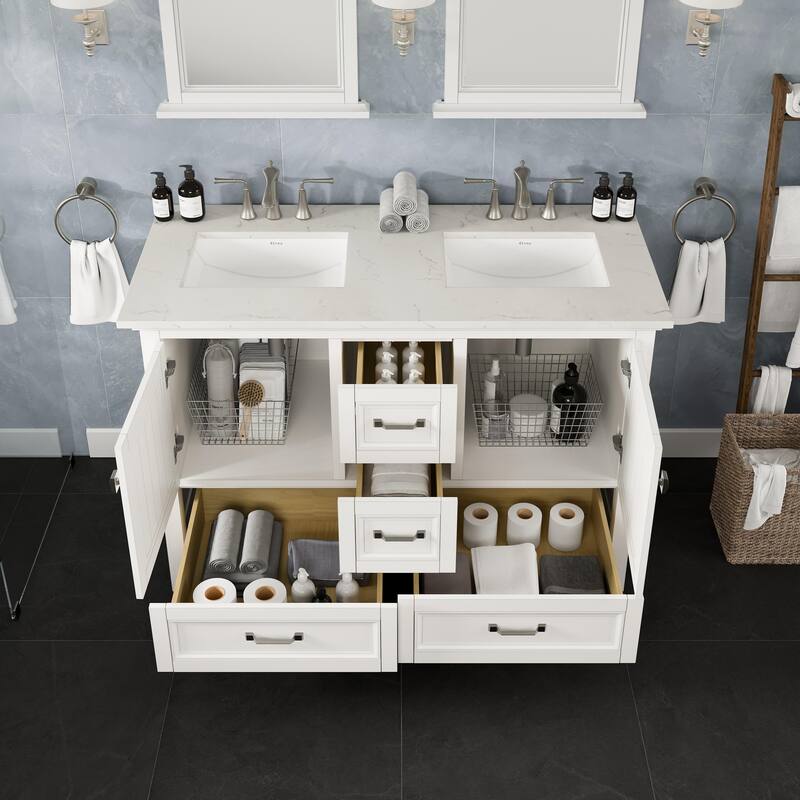 Eviva Britney 48"W White DS Bath Vanity with Carrara Quartz Top