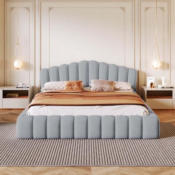 Velvet Upholstered Queen Bed Frame Shell Shaped Headboard for Bedroom Beige