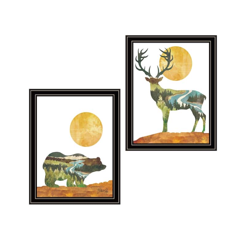 Trendy Decor 4U "Bear & Deer with Mirrored Image of a Forest in Side View" Printed Framed Wall Art by Marla Rea - Multi - 14 x 18