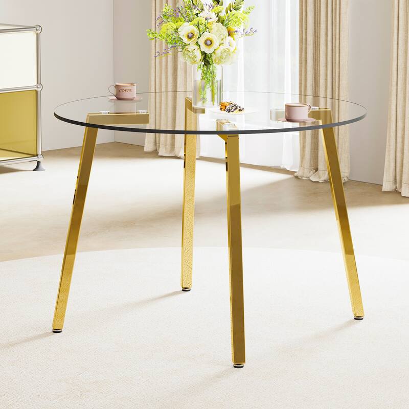Roomfitters Round Glass Dining Table with Transparent Top and Silver Metal Legs for Kitchen Dining or Living Room
