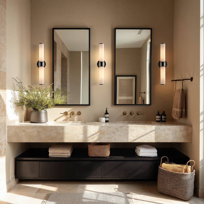 Modern Double Wall Sconce - Metal, Glass & Matte Black, Ivory White Sconces for Hallway or Accent Walls in Contemporary Style