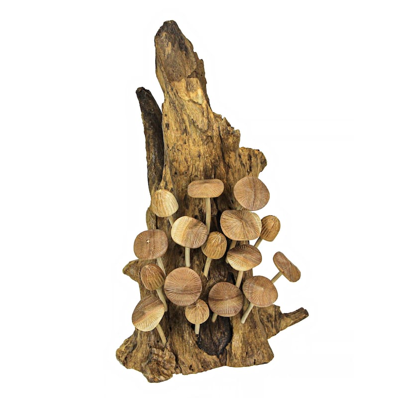 20 Inch Carved Wood Mushroom Sculptures On Base Statue - 20 X 8 X 6 inches