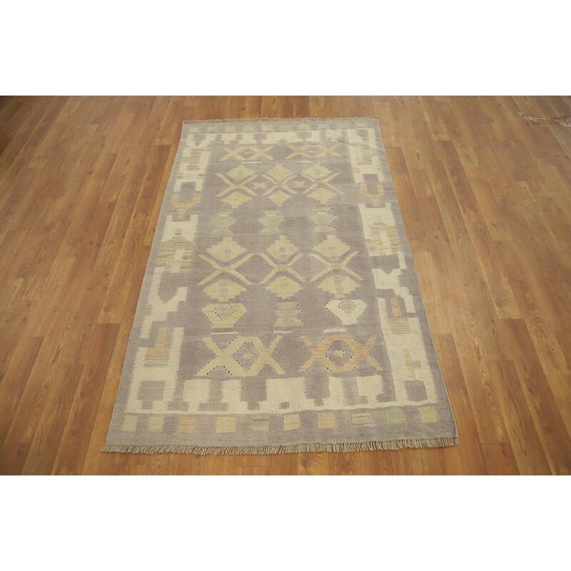 Hand Woven Oriental 100% Wool Carpet Southwestern Tribal Greys & Charcoal Kilim Area Rug - 5' 2'' X 3' 2''