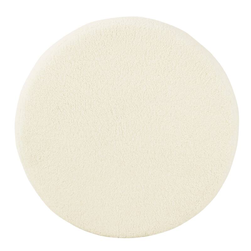 Loni Round Storage Ottoman, 19 Inch Beige Faux Sheepskin, Wood Legs