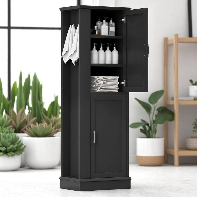 68-Inch Tall Bathroom Storage Cabinet with 2 Doors, Adjustable Shelves, Side Hooks & Anti-Tip Kit, Freestanding Organizer, Black