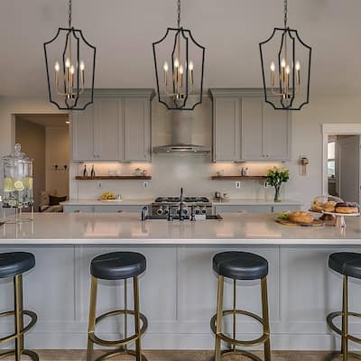 Industrial Farmhouse 4-Light Cage Metal Chandelier Black Gold Pendant Lights for Dining Room