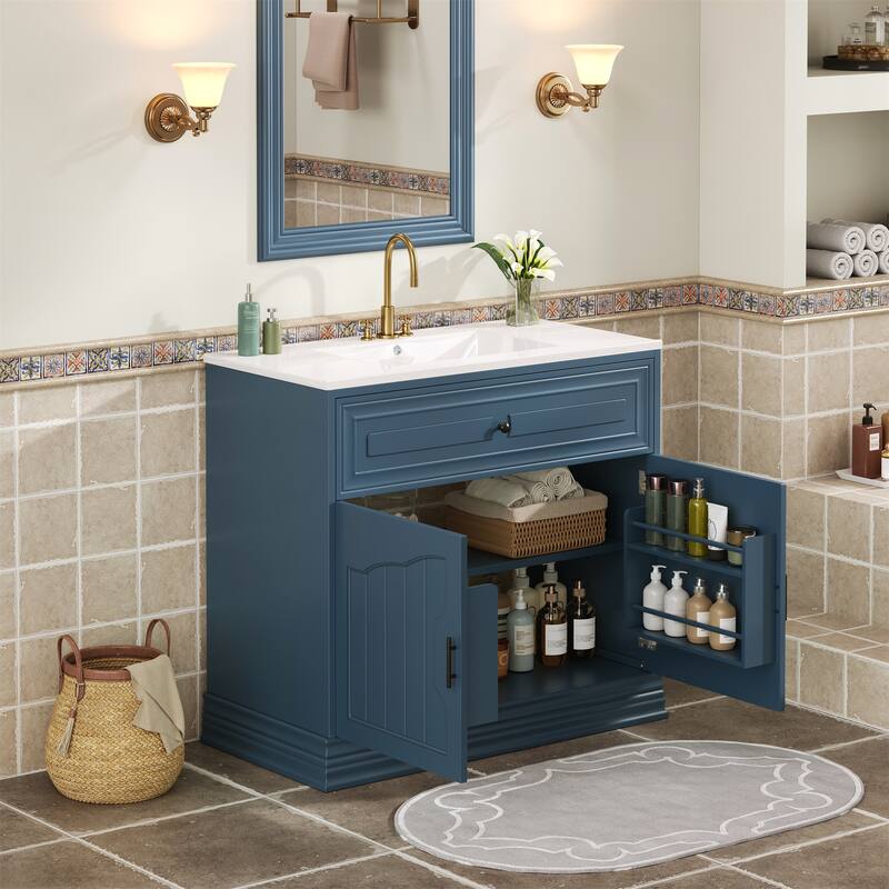 36" Bathroom Vanity with Ceramic Sink, Bathroom Storage Cabinet with 2 large Soft Closing Doors and Door Shelf - Blue
