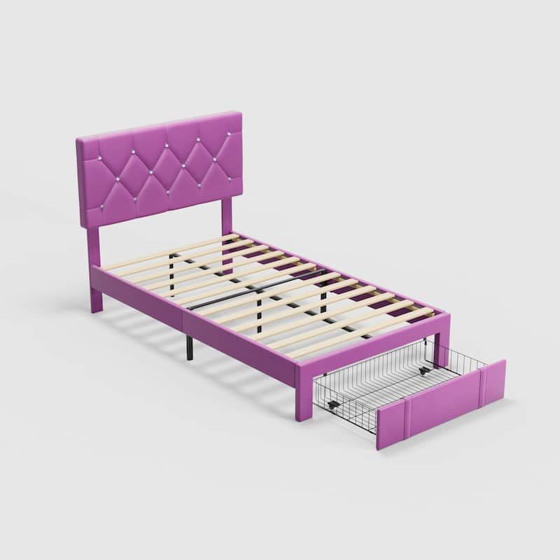 Javlergo 2-Piece Twin Bed Frame Set 39.4-45.3" Adjustable Height PU Leather Headboard with Diamond Embellishment Storage Drawer