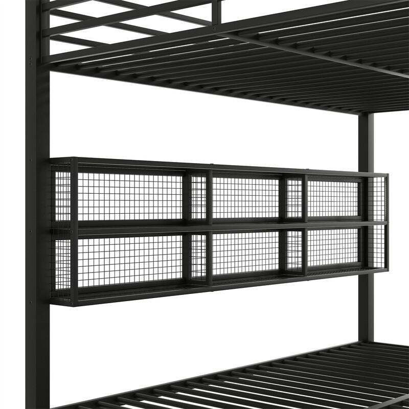 Queen Over Queen Size Bunk Bed with LED Light and Storage Cabinets, Metal Bunk Bed with Storage Shelves, Ladder and Guardrail