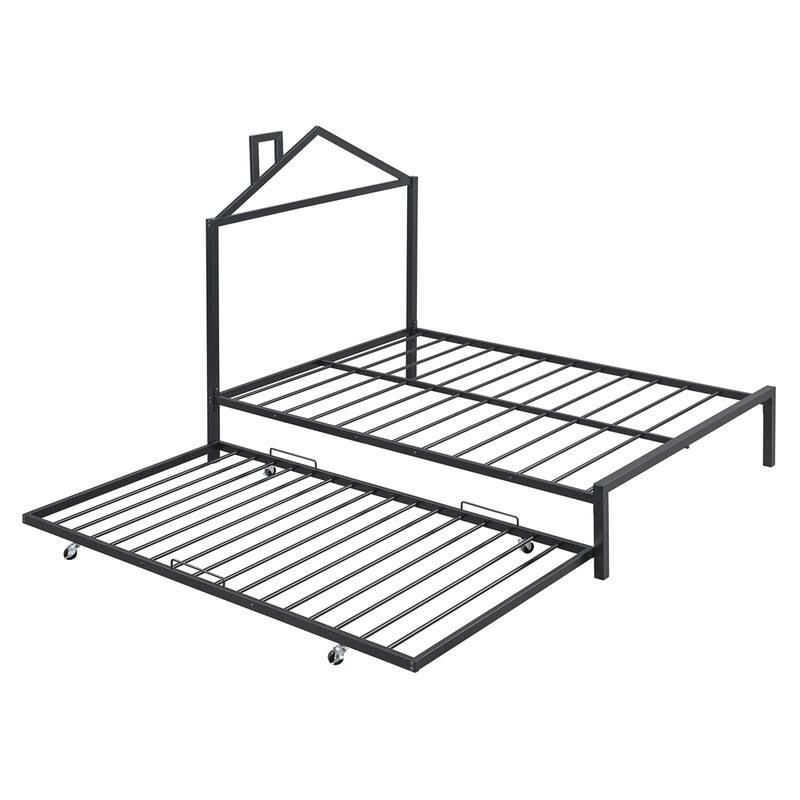 Full Size House Shaped Metal Platform Bed with Trundle