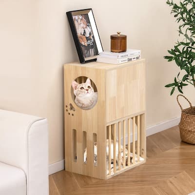 2-Tier Ventilated Design Wooden Cat Condo with Washable Cushions Cat Furniture for Indoor Use - 17" x 11.5" x 25.5"