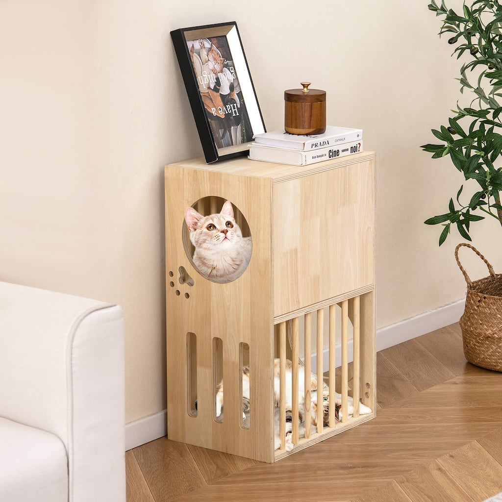 2-Tier Ventilated Design Wooden Cat Condo with Washable Cushions Cat Furniture for Indoor Use - 17" x 11.5" x 25.5"