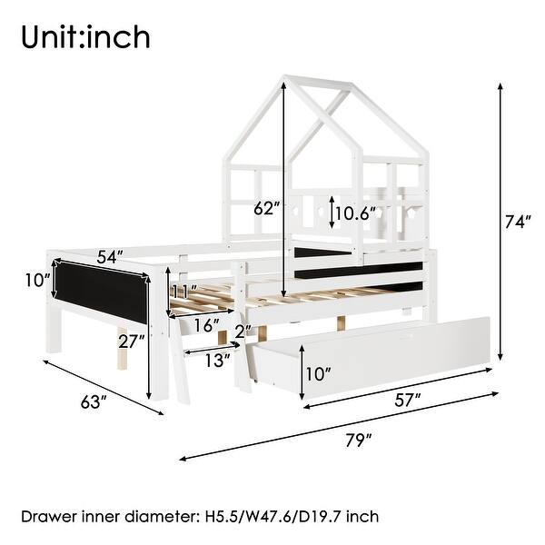 Full Size House Bed with Ladder, Storage Drawers, and 2 Blackboard Designs, No Box Spring Needed, White