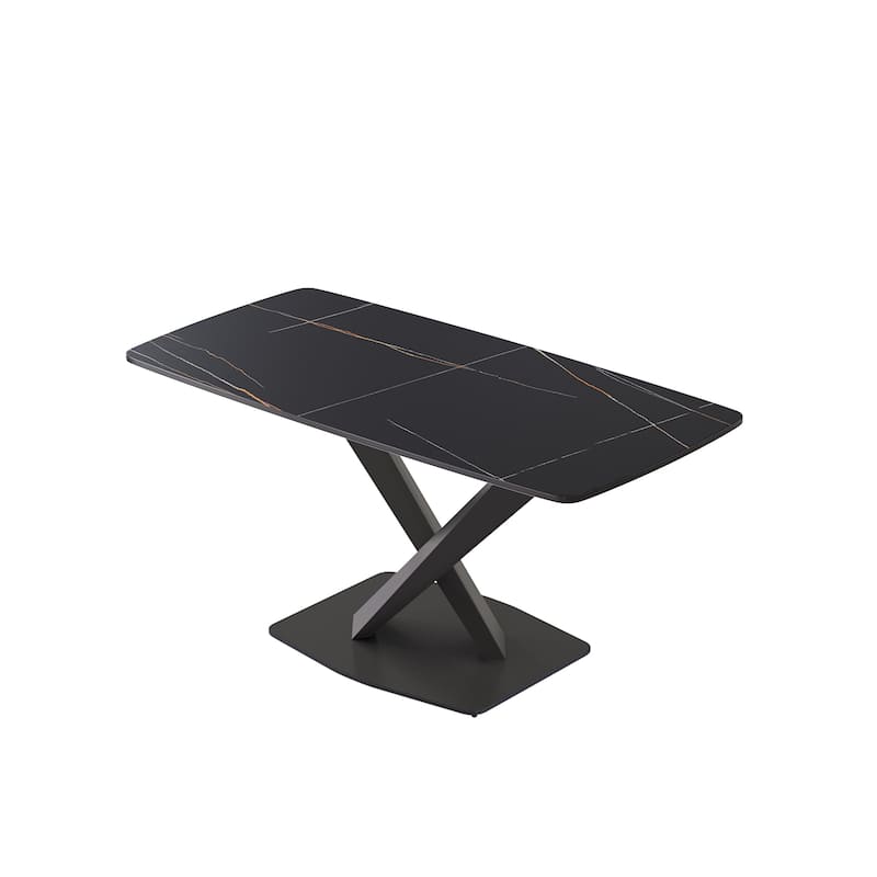 63" Dining Table Set for 6, Sintered Stone Dining Table with X-Shape Carbon Steel Pedestal for Kitchen Living Room