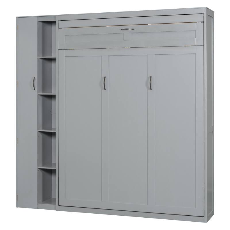 Queen Size Wall Bed with Shelves, Wardrobe, and LED Lights, Space-Saving Design