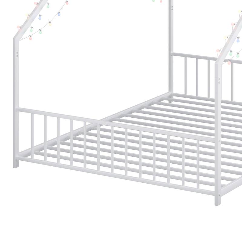 Full Size Kids LED Roof Bed Frame with Light Strips, Sturdy Iron Construction, White