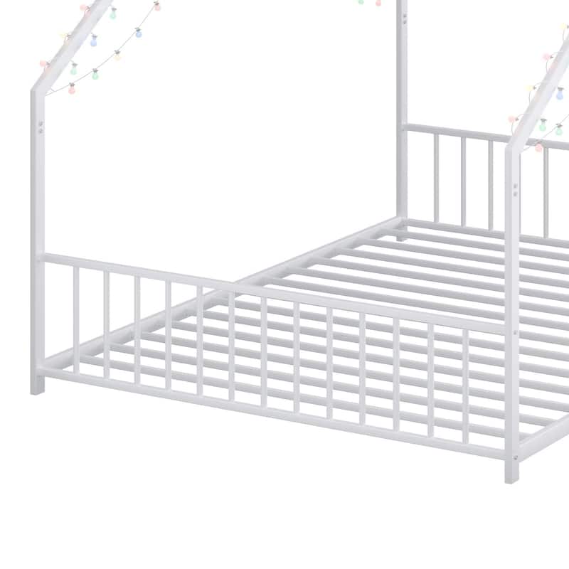 House-shaped Bed Frame, Toddler Kid Iron Floor Bed with House Roof Frame and LED Light Strips, House Daybed