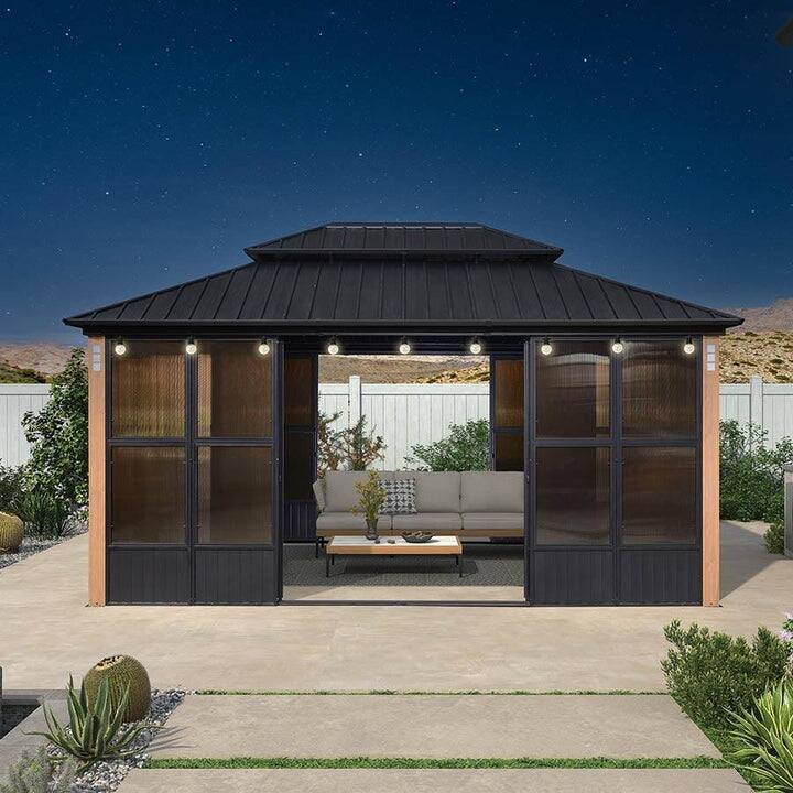 PURPLE LEAF Double Top Outdoor Sunroom Screen House Patio Hardtop Gazebo Wood Grain