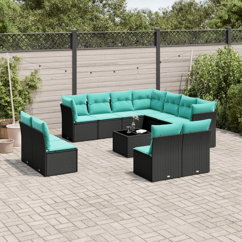 vidaXL 11 Piece Patio Sofa Set with Cushions Black Poly Rattan - 43.3x27.2x24.4-With table