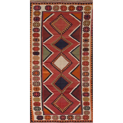 Vegetable Dye Red Kilim Qashqai Persian Antique Runner Wool Carpet - 3'9"x 8'6"