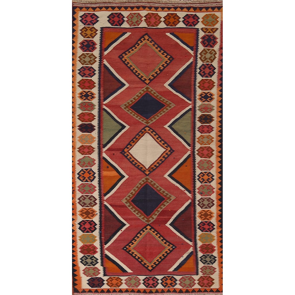 Vegetable Dye Red Kilim Qashqai Persian Antique Runner Wool Carpet - 3'9"x 8'6"