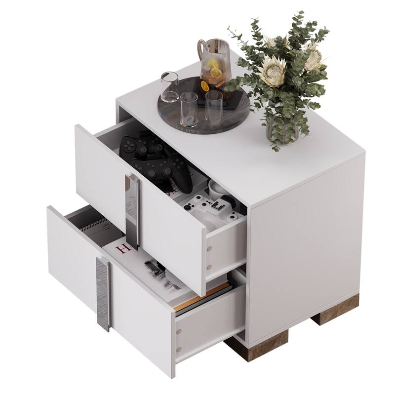 Modern End Table with Drawers, Elegant Nightstand with Metal Foot,Wood Bedside Table with Mirrored Metal Handles